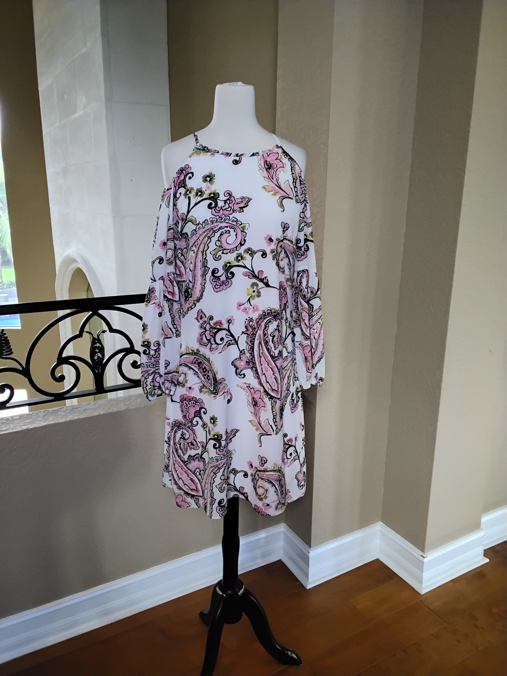 INC International Concepts White Paisley Cold-Shoulder Dress with Pink Accents